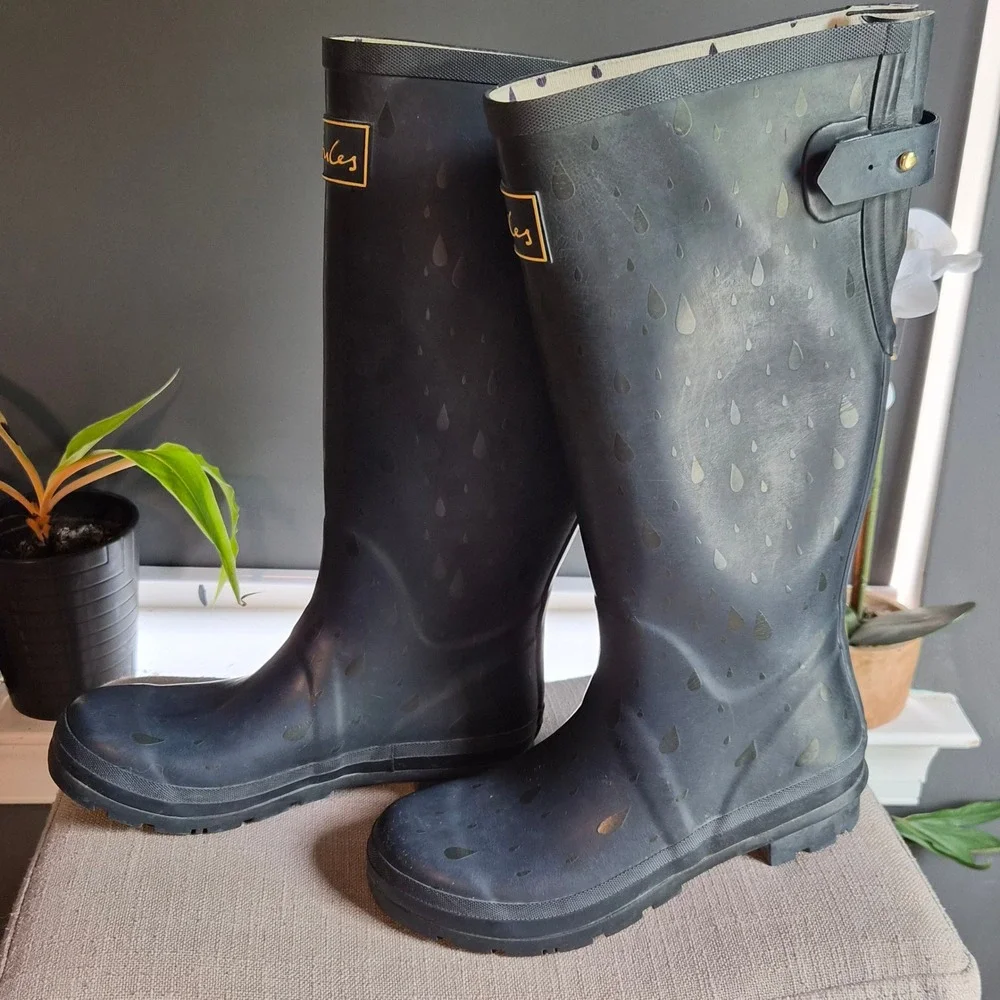 Joules Welly Print Rain Boots Navy Blue Raindrop Tall Waterproof Womens Size 7